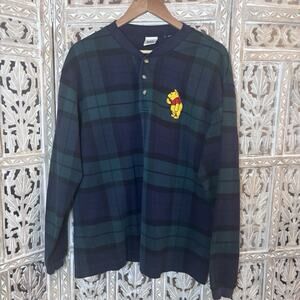Winnie the Pooh Vintage Disney Store Long Sleeve Green Blue Plaid Henley Shirt